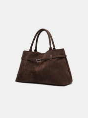 Faux Suede Belted Top-Handle Tote / Shoulder Bag — Chocolate Brown