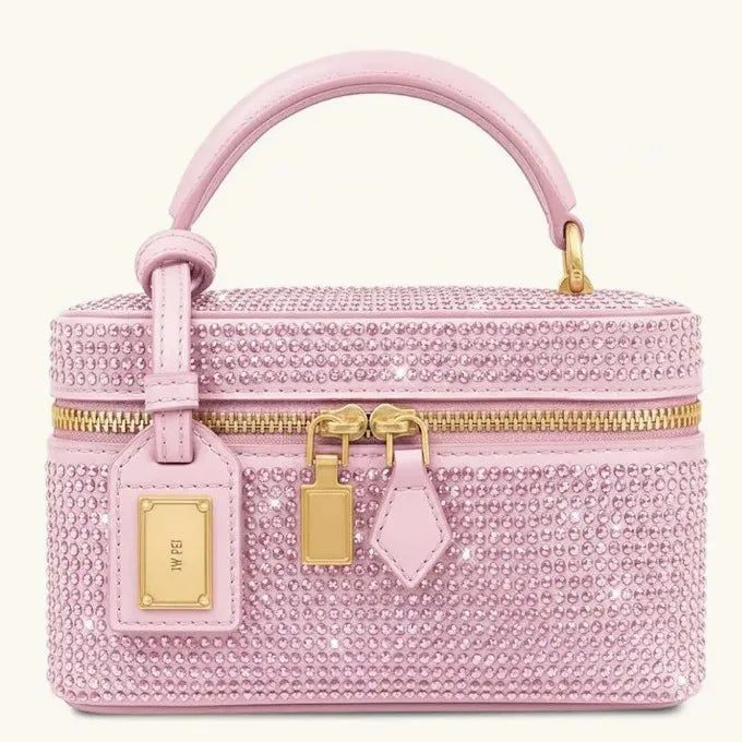Pink rhinestone vanity case bag with gold hardware