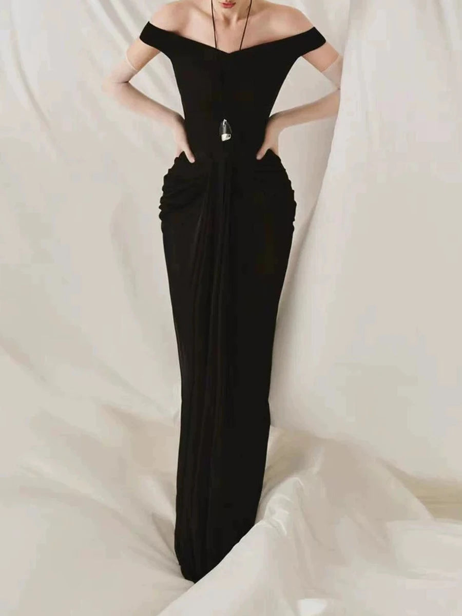 Off shoulder folds column dress with draped detailing
