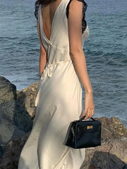 Patchwork Satin Lace Maxi Dress – Elegant V-Neck Evening Gown