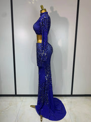 High neck long sleeve cutout rhinestone crop top and floor-length skirt set side view.