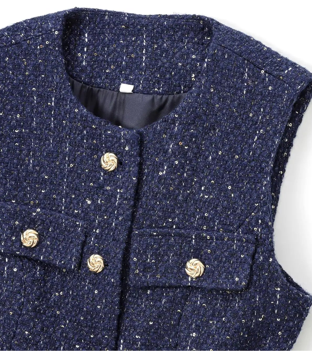 Navy blue vest with gold buttons on a white background