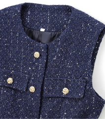 Navy blue vest with gold buttons on a white background