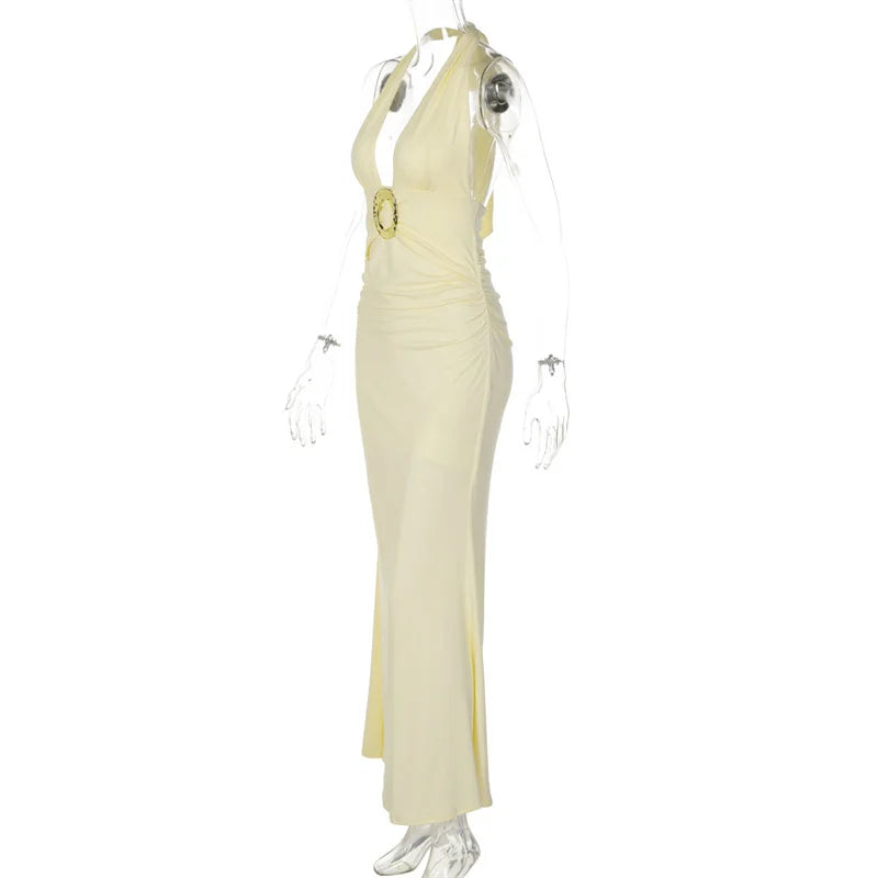 Cream-colored evening gown on a white background