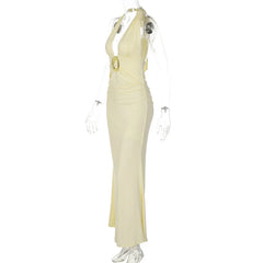 Cream-colored evening gown on a white background