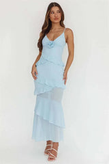 Light blue spaghetti strap maxi dress with rose embellishment and ruffles