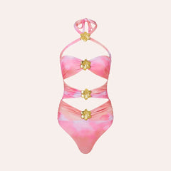 One-Piece Cut Out Swimsuit and Skirt Set with Gold Flower Accents