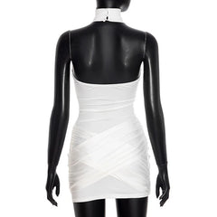 White dress on a black mannequin against a white background
