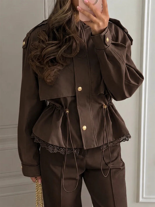 Brown lace trim peplum utility jacket