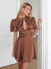 Polka Dot Keyhole Neck Puff Sleeve Dress