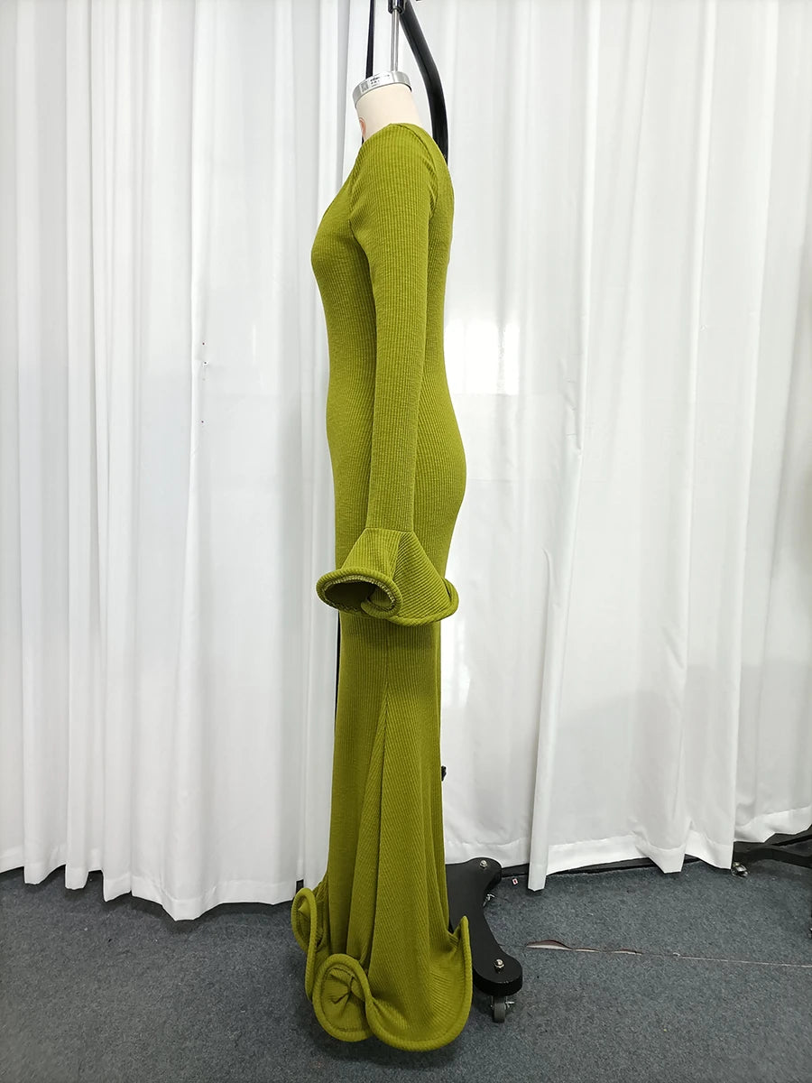Ribbed square neck maxi dress on mannequin, side view