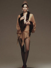 Brown Sheer Fur Trim Wrap Mini Dress