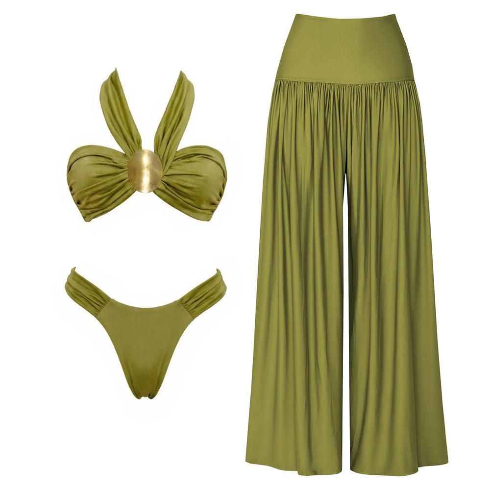 Green monochrome bikini and wide-leg pants swimwear set