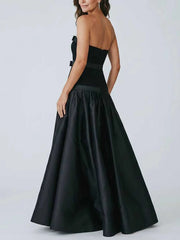 Black Strapless Bow Detail Pleated Maxi Dress