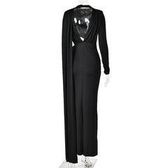 High Neck One Long Sleeve Draped Cutout Waist Maxi Dress
