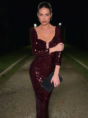 Burgundy off shoulder mesh sequin maxi gown.
