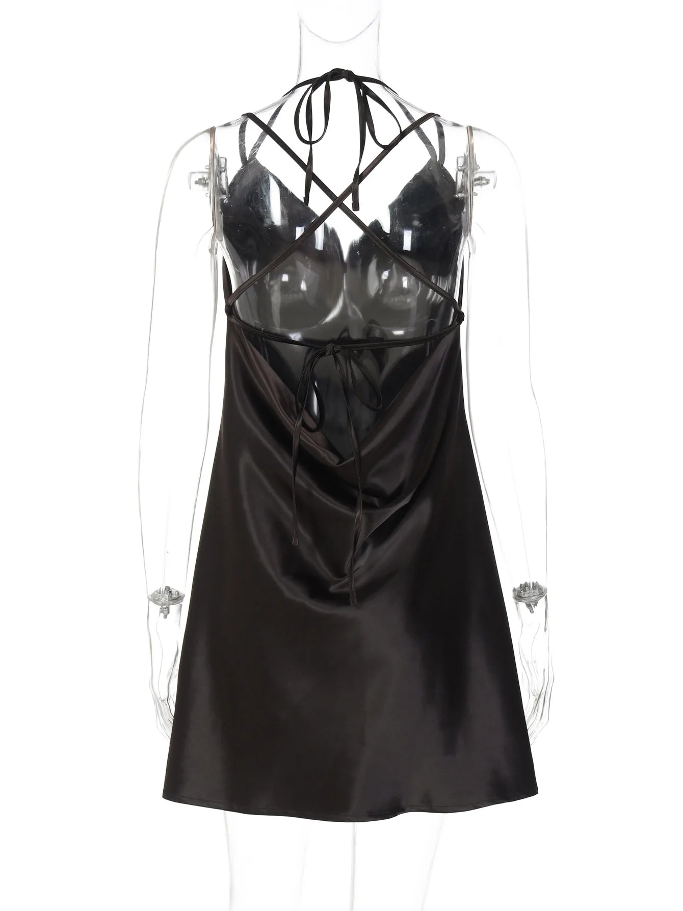 Black satin dress with criss-cross straps on a mannequin against a white background