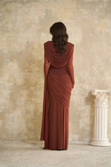 Rust Draped High Neck Long Sleeve Maxi Gown