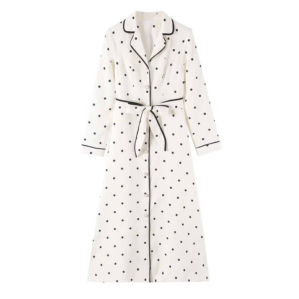 Polka dot notched collar coat front view