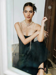 Black Strapless A-Line Midi Dress with Pearl Chain