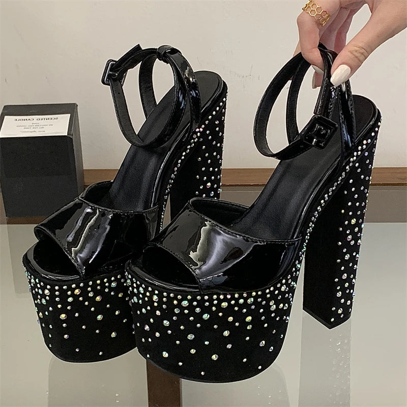 Pair of chunky platform crystal embellished heels