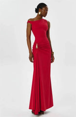 One-shoulder red maxi dress with high split and metal detail