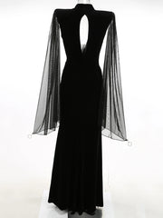 V-Neck Cloak Sleeve Black Velvet Maxi Dress