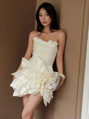 Strapless mini dress with 3D flower applique in cream