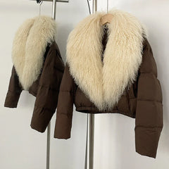 Brown cropped puffer jacket with a large cream-colored fur collar.