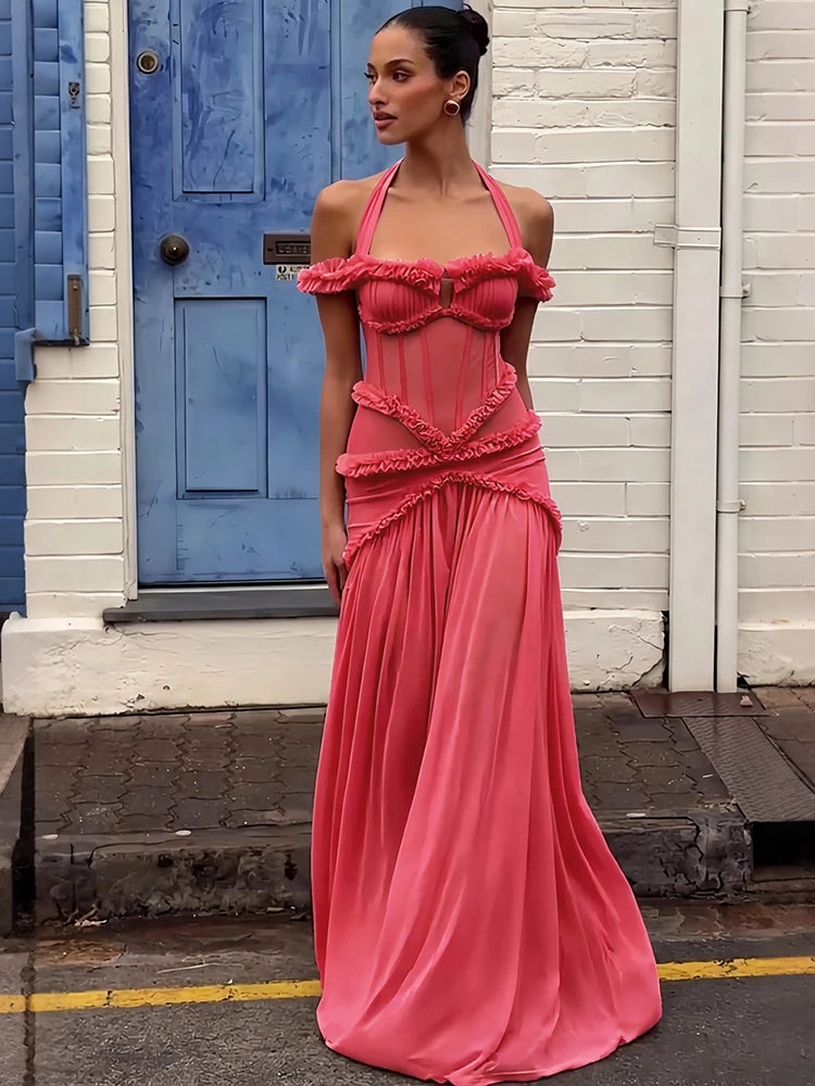 Ruffled halter neck maxi dress in coral pink