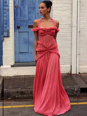Ruffled halter neck maxi dress in coral pink