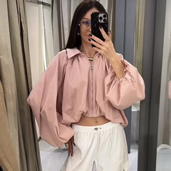 Balloon Sleeve Collared Zip-Front Cropped Jacket