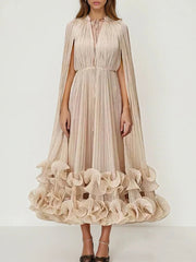Beige dress with ruffled skirt and cape on a white background, brand 'Modphy' visible.
