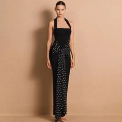 Black halter neck polka dot maxi dress with waist tie