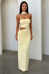 Strapless Draped Cutout Maxi Dress with Halter Neckline
