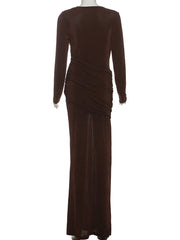 Brown evening gown on a mannequin against a white background