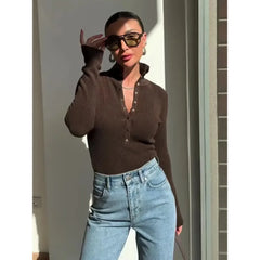 High-Neck Button-Up Ribbed Knit Top