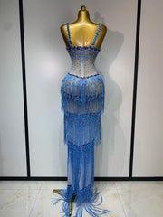 Rhinestone Tassel Mesh Strap Maxi Dress
