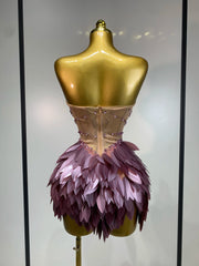 Strapless beaded feather mini dress back view