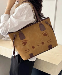 Cute Cat Face Suede Shoulder Tote Bag