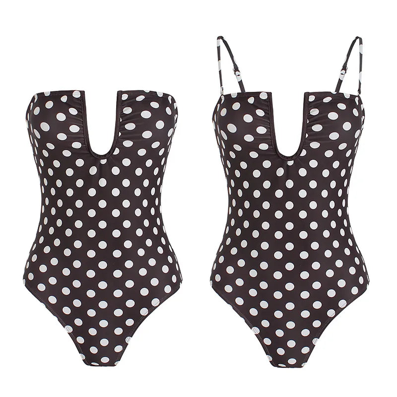 Two styles of polka dot one-piece swimsuits, strapless and with straps