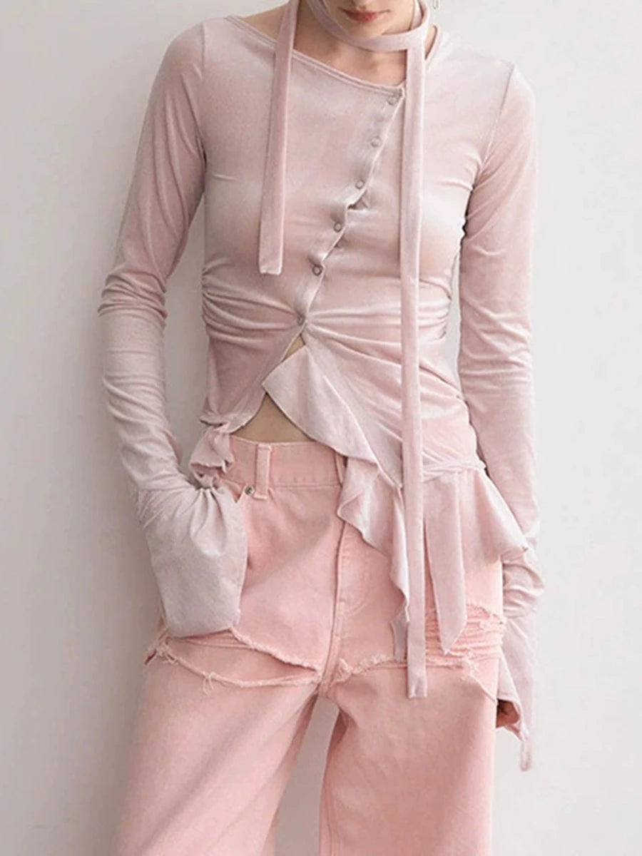 Velvet asymmetrical buttoned ruffle hem top in pink