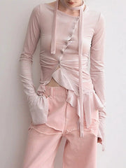Velvet asymmetrical buttoned ruffle hem top in pink
