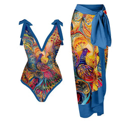 V-neck tie-strap swimsuit with peacock print and matching wrap skirt