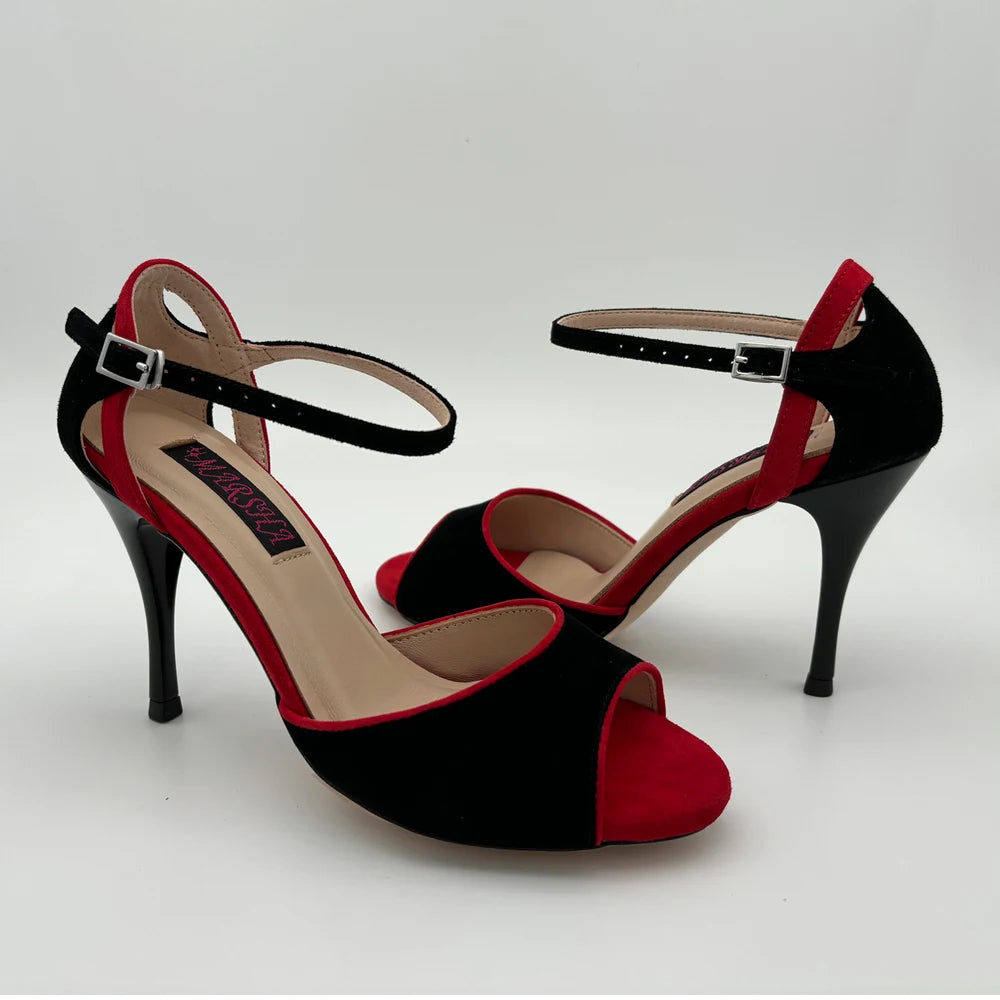 Black red suede high heel shoes side view