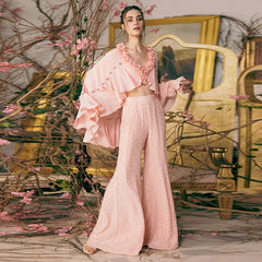 Pastel ruffled cape V-neck crop top with embellished flare trousers