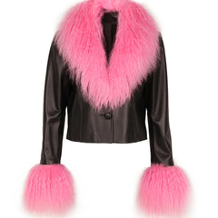 Black leather jacket with pink fur collar and cuffs