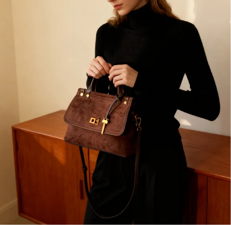 Woman holding a brown handbag in front of a wooden cabinet