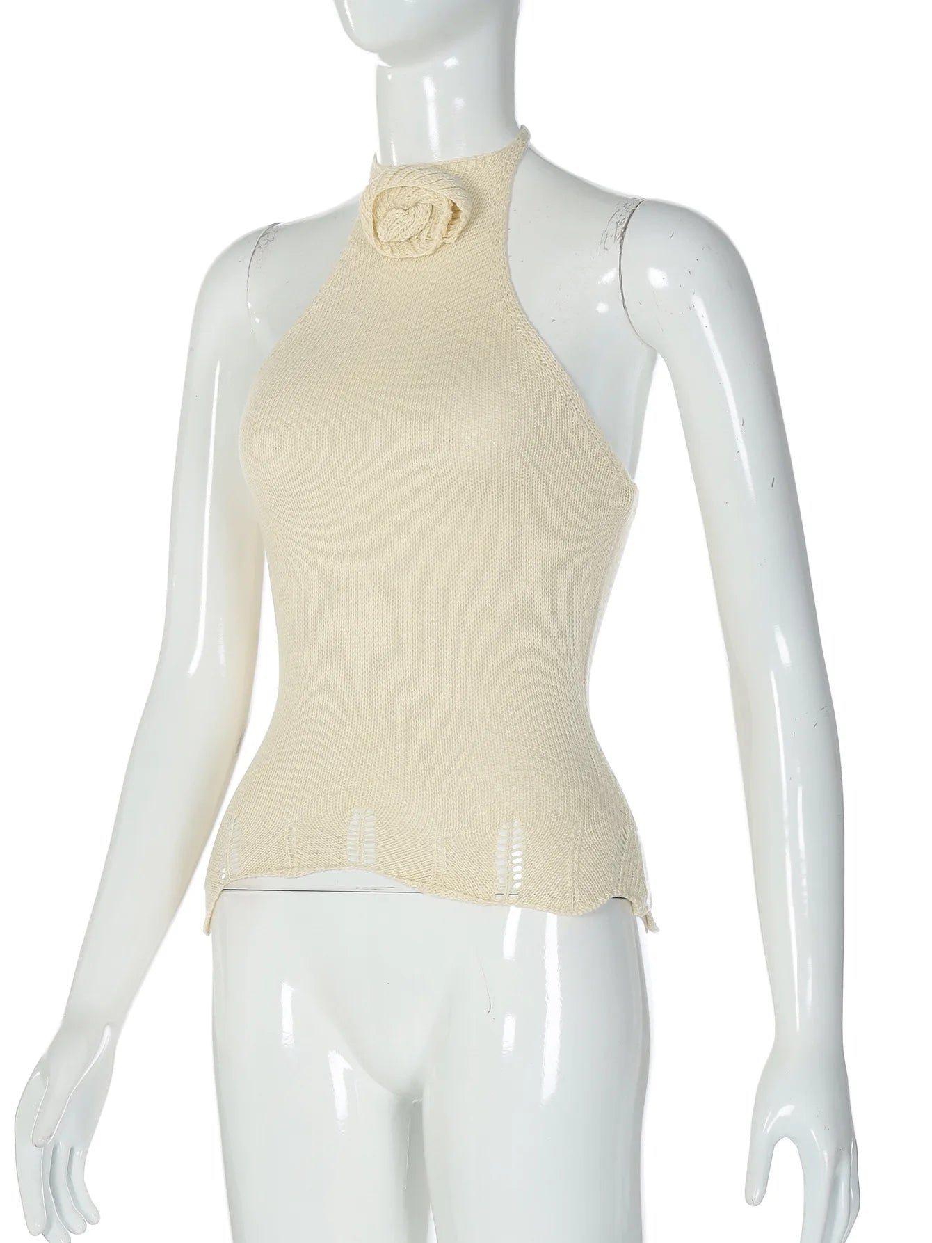 Beige halter top on a mannequin against a white background