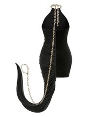 Black Chain Halter Velvet Dress with Pleated Fold Detail